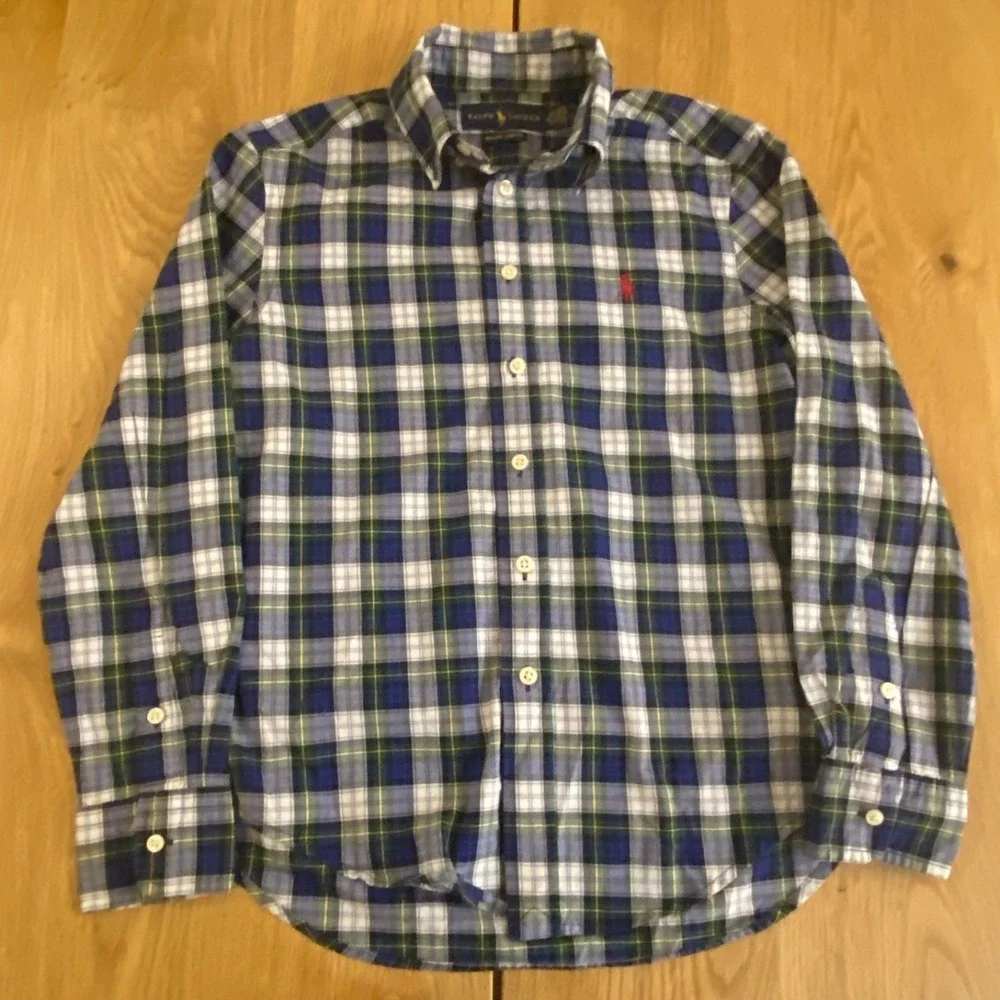 Ralph Lauren L/S Boys Shirt‎ M (10-12) Blue White Plaid Button Down L/S Oxford